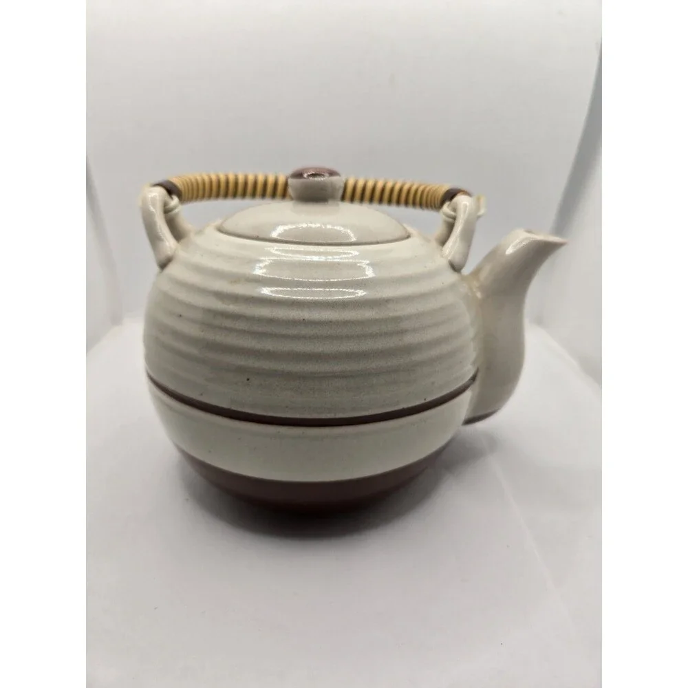 Studio Art Pottery Teapot Stoneware Rattan Handle Cream Glaze Vintage Japan